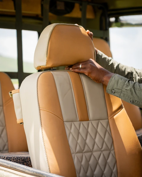 Close-up of the adjustable headrest and quilted seat