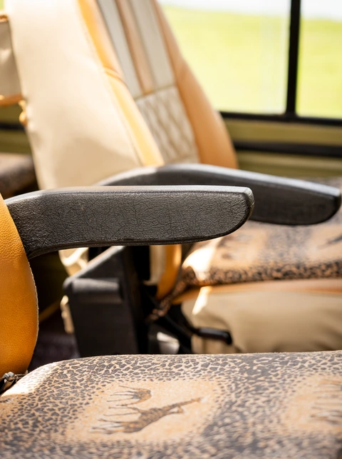 Individual armrests and patterned seat cushions